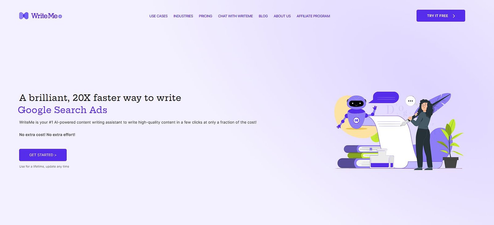 Page d'accueil de l'outil IA de rédaction WriteME